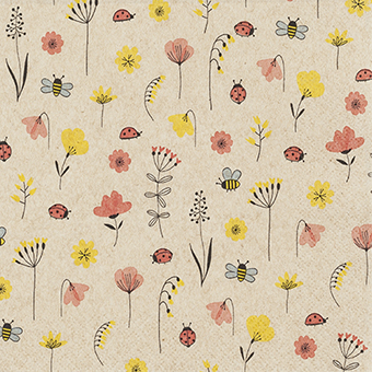 Kindliche Sommer, Blumenwiese, Tiere Serviette mit Blumen, Marienkäfer und Bienen