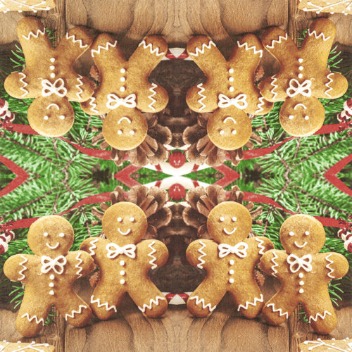 Serviette Winter weihnachtliche, Lebkuchen, Tannenbaum, Tannenzapfen, Fichtenzapfen, rotes Band, Keks, Holz