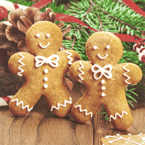 Serviette Winter weihnachtliche, Lebkuchen, Tannenbaum, Tannenzapfen, Fichtenzapfen, rotes Band, Keks, Holz